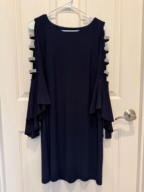 Dressbarn Navy Cold-Shoulder Ruffle Sleeve Dress with Embellished Straps